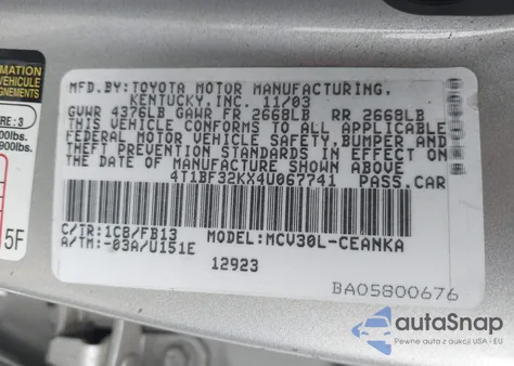 2004 Toyota Camry Le V6/Xle V6 from USA, damaged, VIN 4T1BF32KX4U067741